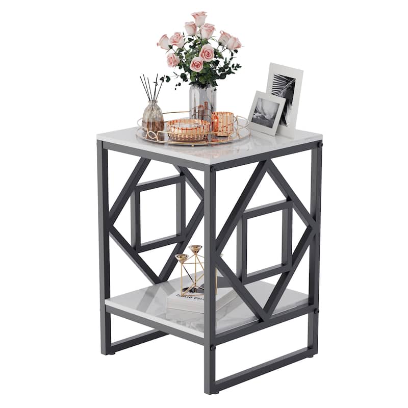 Modern side table in the shape of a rose: 2-tier sofa side table with burnished stone top and gold/black frame for living room