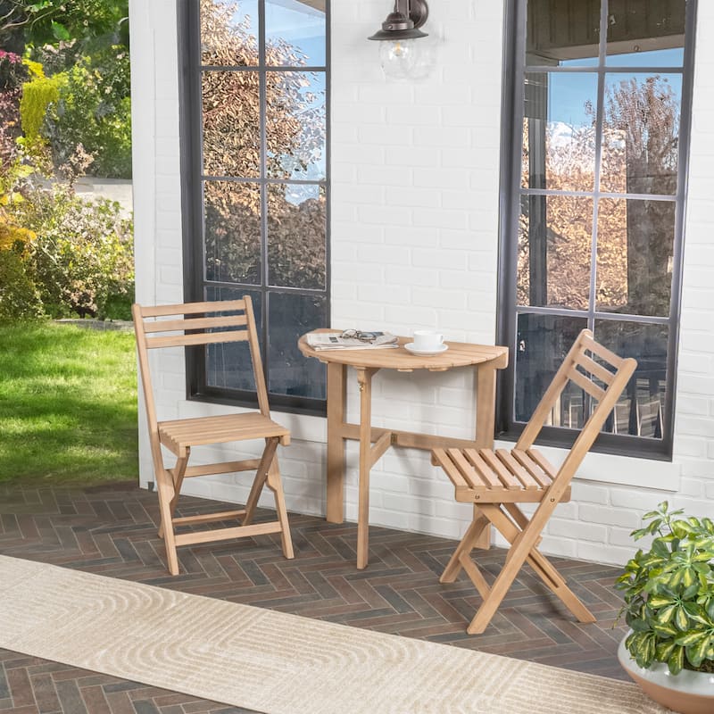 Nerja Classic French Country 3-Piece Acacia Wood Half-Round Outdoor Folding Bistro Set, Light Teak by JONATHAN Y