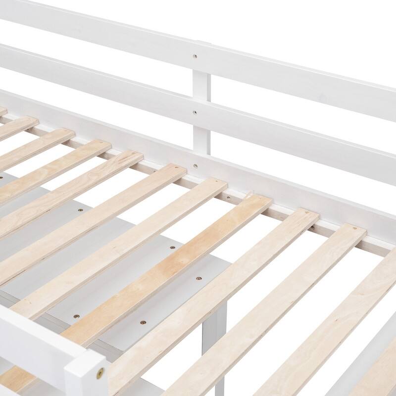 Twin/Full Size Low Loft Bed with Retractable Writing Desk and 4 Drawers, Wooden Loft Bedframe w/ Lateral Portable Desk & Shelves