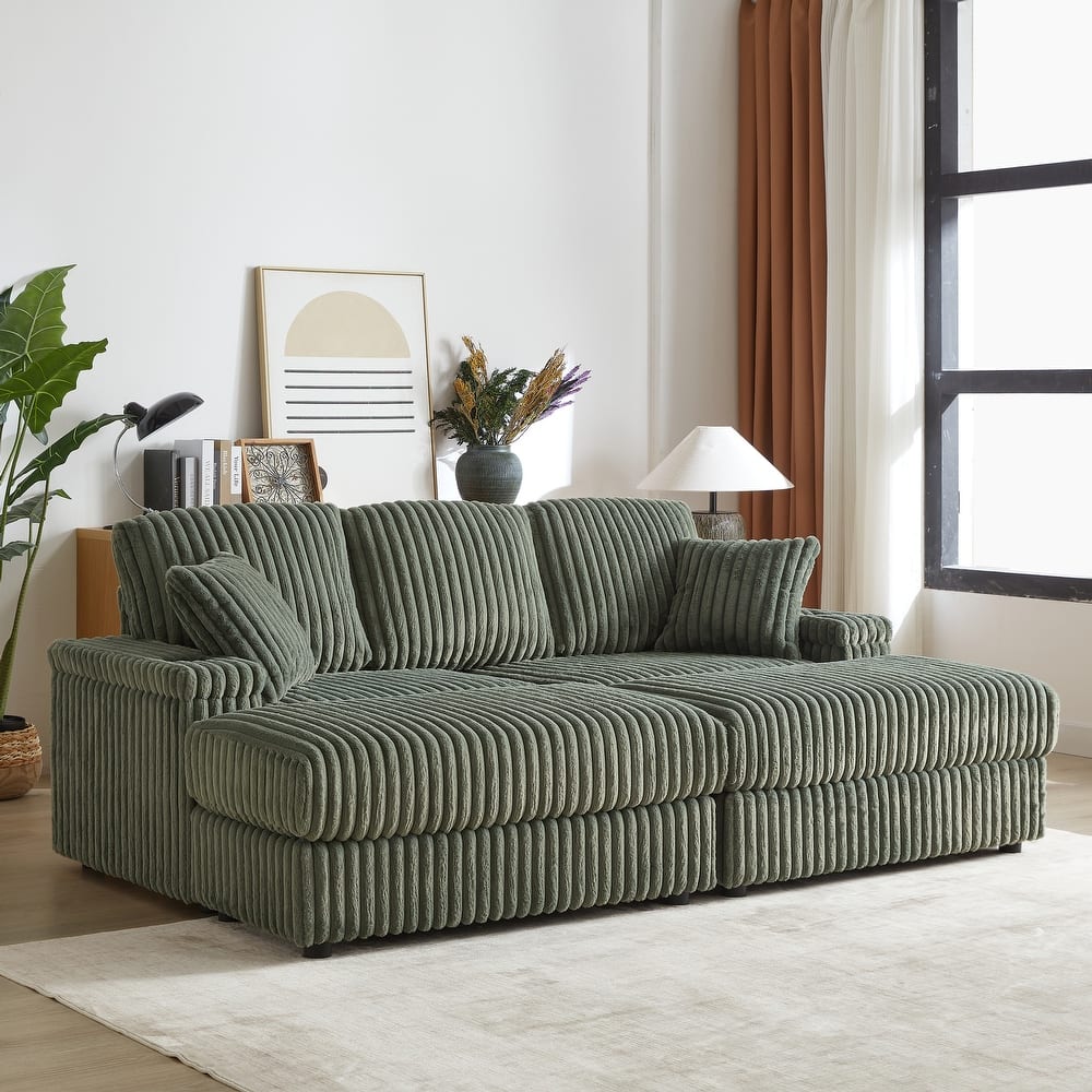 Roomfitters 84" Corduroy 3-Seater Sofa, Deep Seat Couch with 2 Ottomans, Storage, Cup Holders, 3 Back and 2 Toss Pillows