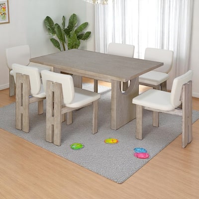 7-Piece Dining Table Set with 6 Upholstered Chairs, MDF & Ash Veneer Table, Farmhouse Dining Set for Kitchen & Dining Room