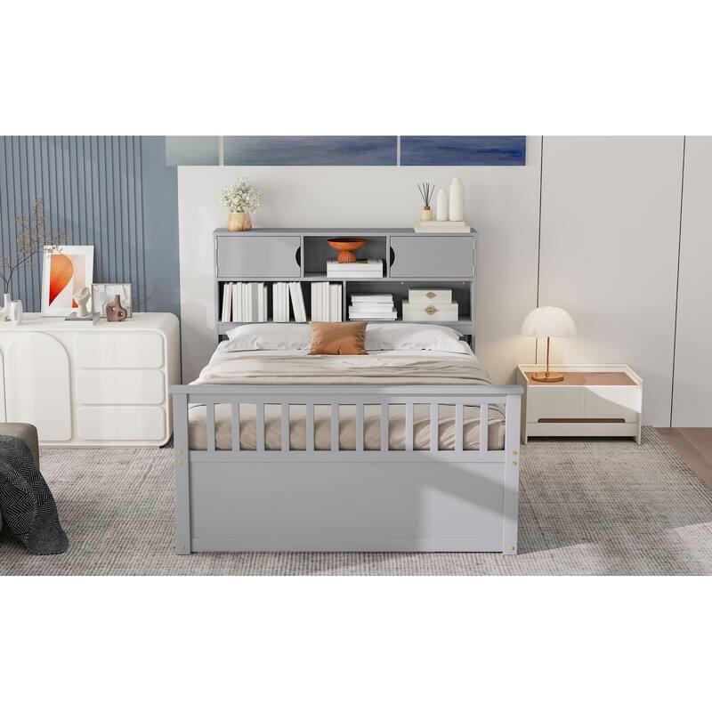 Full Size Captain Platform Bed Frame With Storage Bookcases And Shelves,4 Drawers