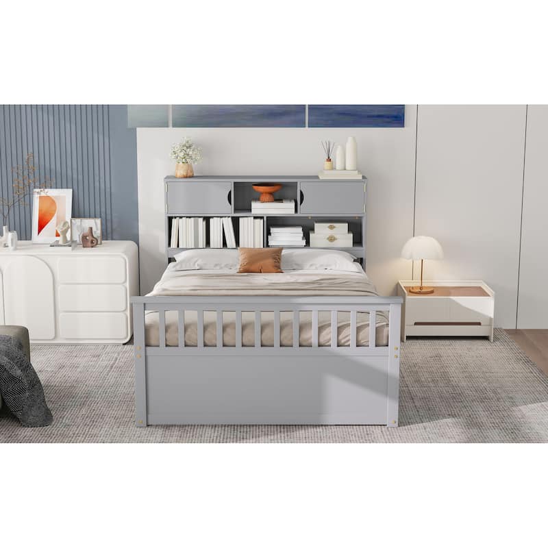 Full Size Captain Platform Bed Frame with Storage Bookcases and Shelves,Four Drawers
