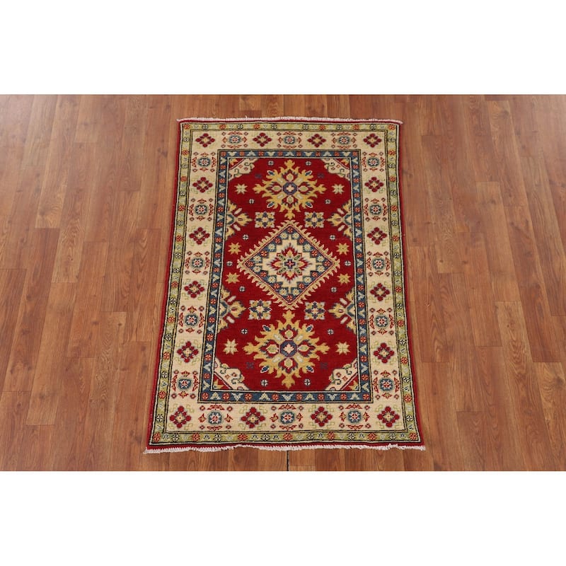 Geometric Red Kazak Accent Rug Handmade Home Decor Wool Carpet - 2'7" x 3'10"