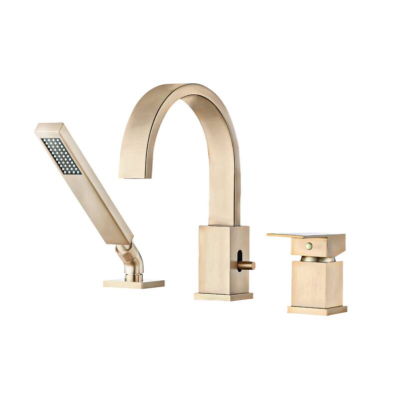 Waterfall Bathtub Faucet with Sprayer, 3-Hole Roman Tub Filler with Hand Shower Deck Mount Waterfall Tub Spout Set - Brushed Gold