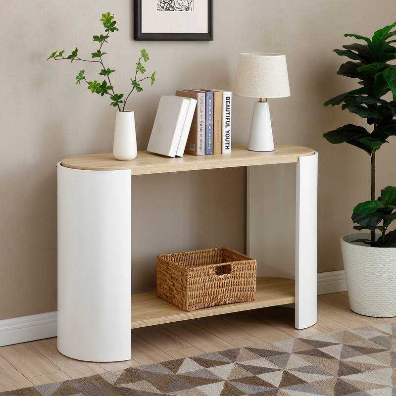 Small Side Table End Table with Bottom Shelf, Rustic Sofa Table Console Table White Natural Entryway Table