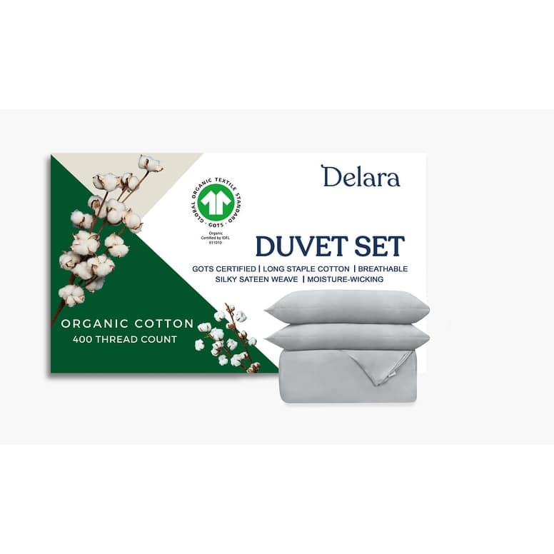 Delara GOTS Certified 100% Organic Cotton Duvet Cover Set 400TC, Long Staple Cotton, Moisture-Wicking, Smooth & Breathable - Light Grey - Queen
