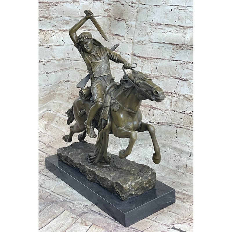 Arabian Arab Warrior On Imitative Horseback Bronze Statue Sculpture Figure On Marble Base