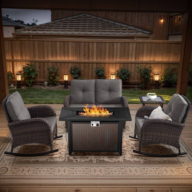 Gymojoy Outdoor Fire Pit Conversation Set, Loveseat Glider Sofa & Chairs - Patio Furniture Set - 5-Piece included Rocking Chairs - Grey