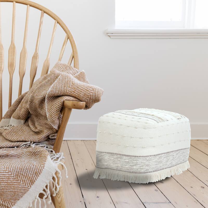Sevita Ivory and Beige Farmhouse Chic Shag Textured Pouf Ottoman