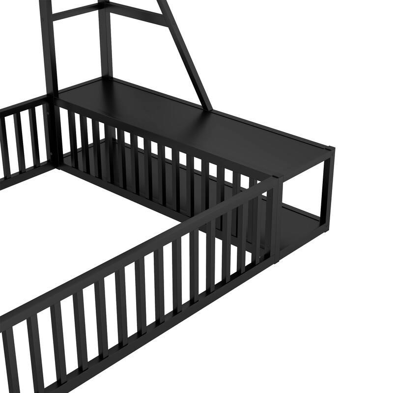 Roomfitters Full Size Metal Floor Bed with Fence, Loft Desk and Storage Shelves, Space-Saving Playhouse, Black