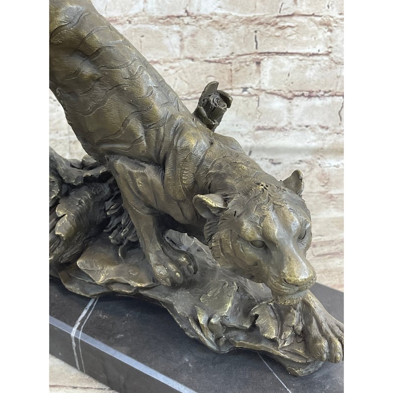 Tiger Bronze Sculpture Statue Figure On Marble Base Signed