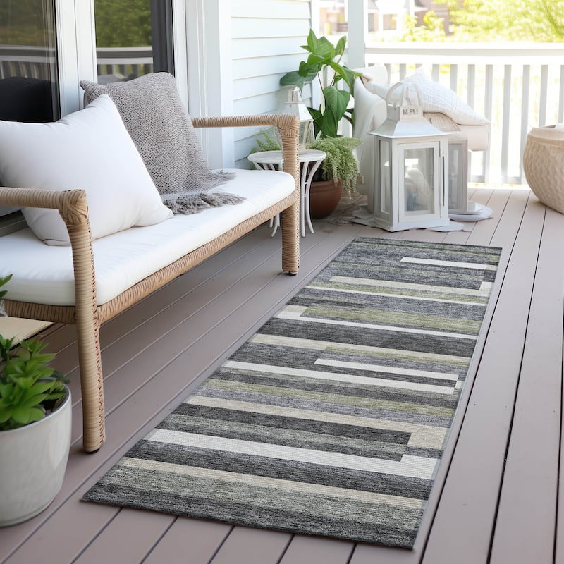 Machine Washable Indoor/ Outdoor Chantille Contempory Stripe Rug - Charcoal - 2'3" x 7'6"