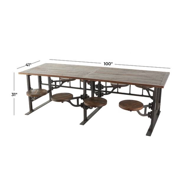 dimension image slide 0 of 2, Brown Teak Wood Dining Table with Two, Four or Eight Attached Seats