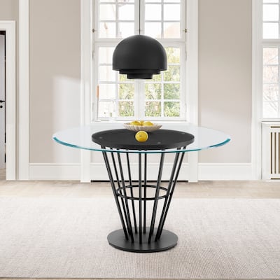 Veronica 48 inch Glass and Walnut Wood Round Dining Table with Metal Base