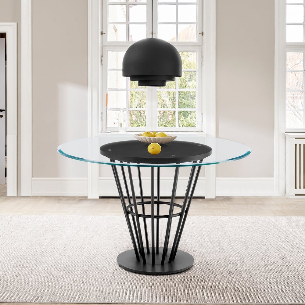 Veronica 48 inch Glass and Walnut Wood Round Dining Table with Metal Base