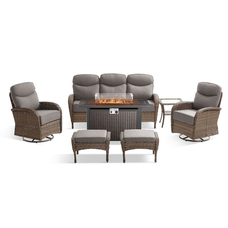 Pocassy Outdoor Sofa Swivel Chair and Ottman with 43in Fire Pit Table