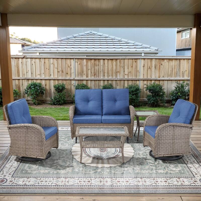 Gymojoy Outdoor Wicker Patio Furniture Loveseat Glider & Chair Set Weather-Resistant - Grey Wicker / Blue Cusion - 5-Piece - Loveseat Glider & Swivel Chairs