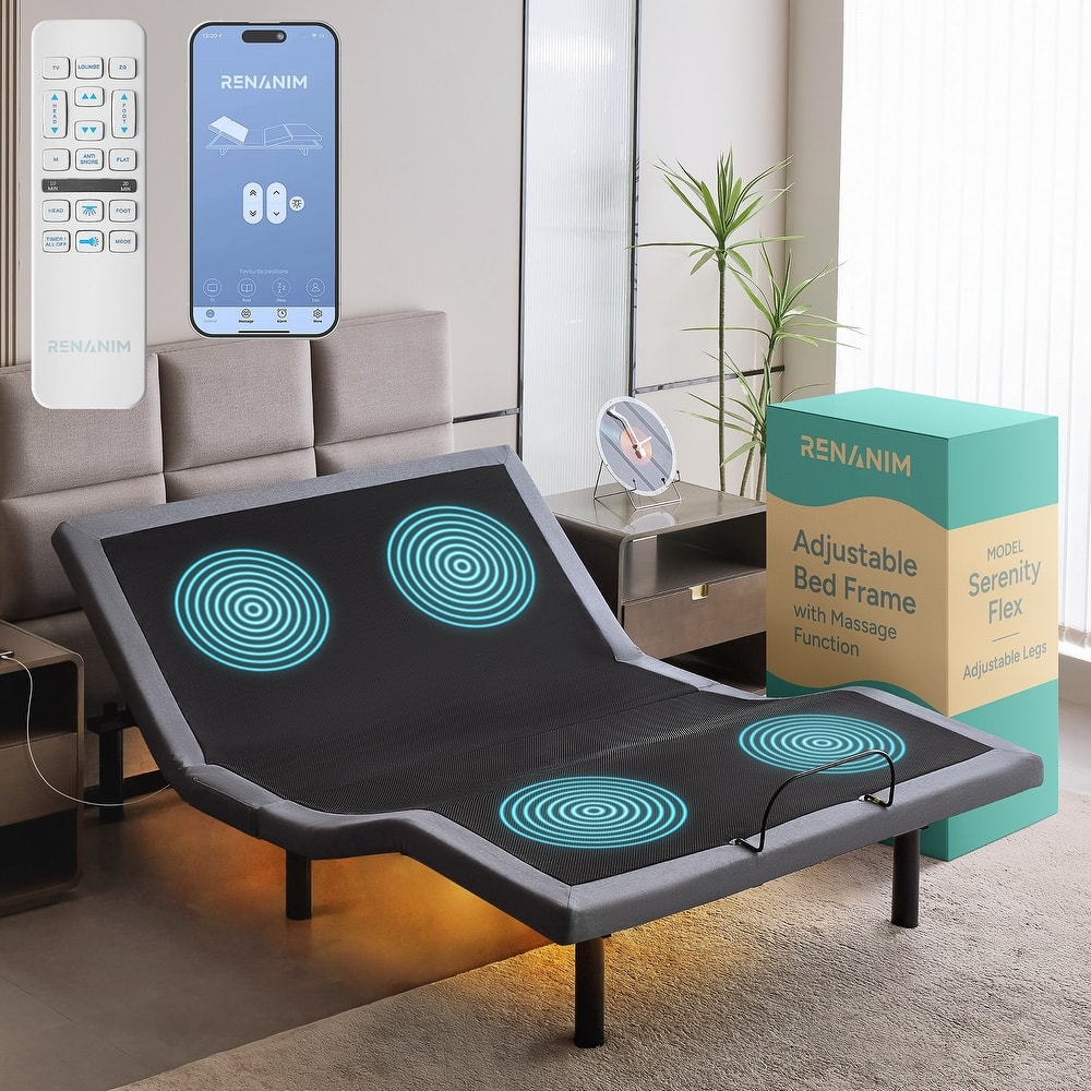 Renanim SF Adjustable Bed Frame, Dual Massage, USB, Underbed Light, App Control, Head and Foot Incline, Reclining Base
