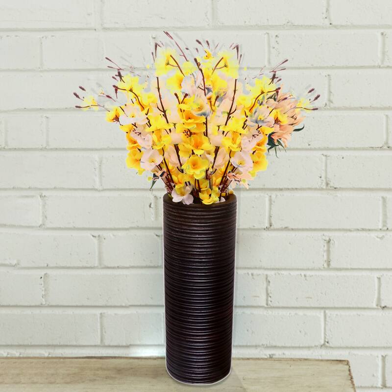 Brown Decorative Contemporary Mango Wood Ribbed Design Cylinder Shaped Vase - Small