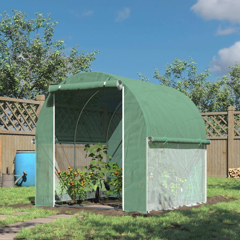 UV-Resistant Tunnel Greenhouse with Mesh Sidewalls & Zippered Roll-Up Doors, Arch Roof Hot House Plant Shed Garden Shed Tent