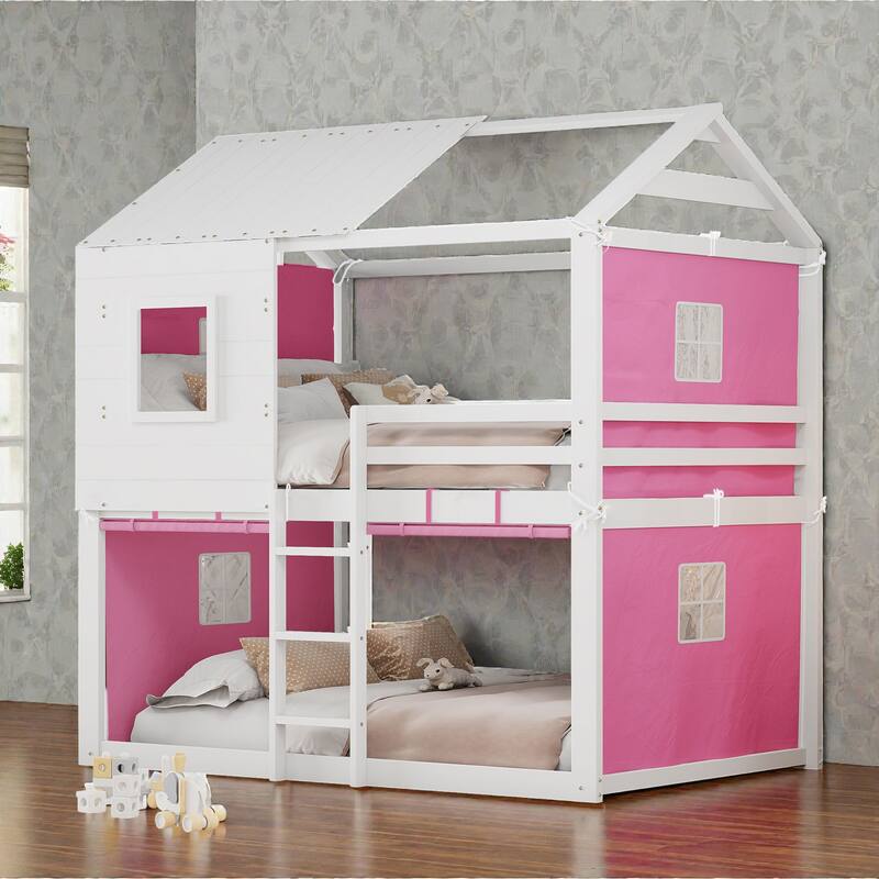 Twin/Full Wood House Bunk Bed with Tent, Playhouse Design, Windows & Roof, Solid Wood Frame, No Box Spring Required - Pink White - Full
