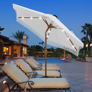Ainfox 7FT Outdoor Patio Umbrella with Tilt Fringe Tassel Umbrella with LED Solar Lights
