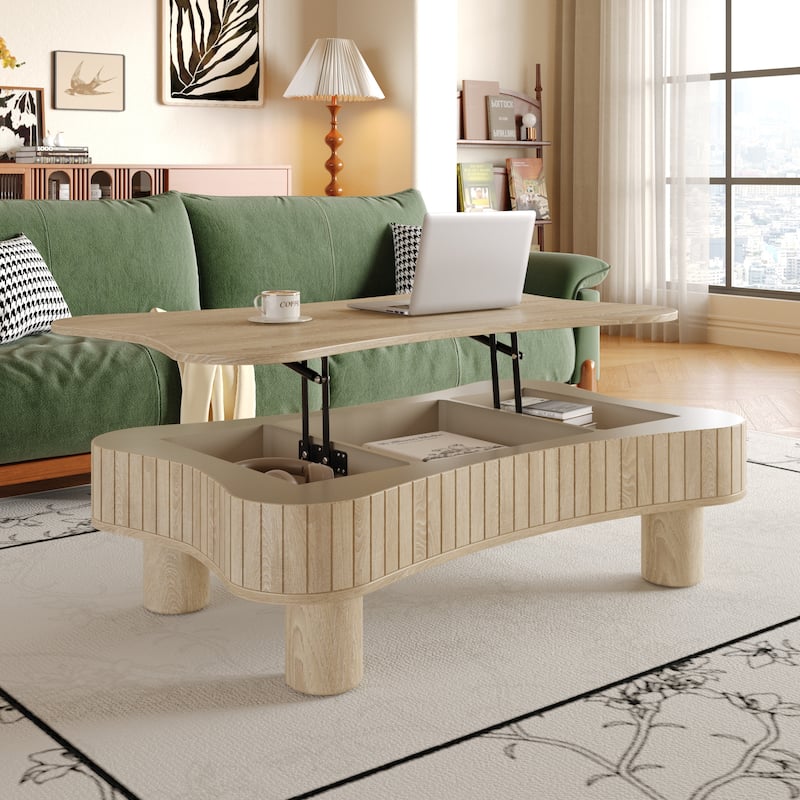 GDFStudio - 42" Lift-Top Coffee Table with Fluted Panel, Hidden Storage & Hydraulic Lift, Curved Corners