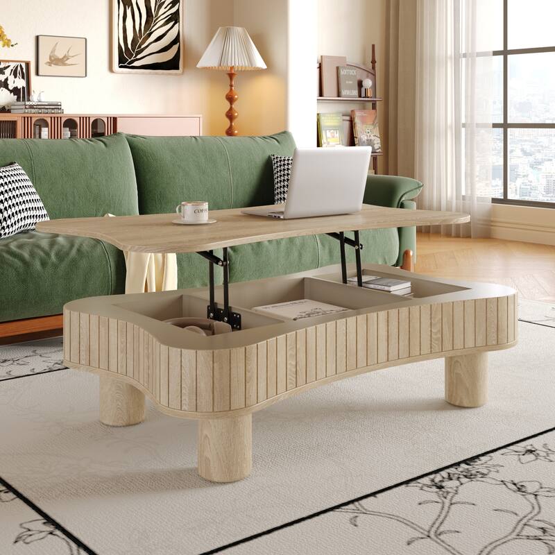 Lift Top Coffee Table - Fluted Panel Hidden Storage,Silent Hydraulic Lift,Curved Safety Corners,5 Min Assembly