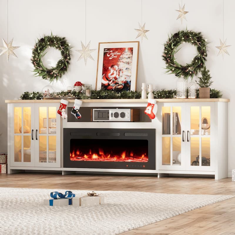 EROMMY 78"/ 97" Fireplace TV Stand with Electric Fireplace, Farmhouse Media Console with LED Lights, Glass Doors