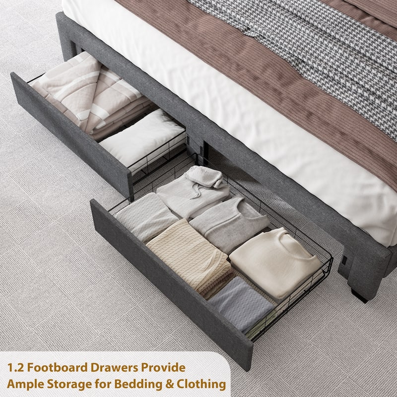 Gray Queen Size Modern Platform Bed with LED Lights and Storage Headboard