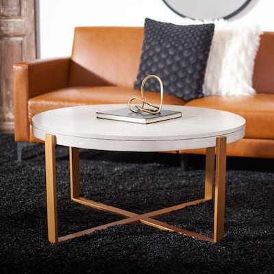 SAFAVIEH Navya White Marble/ Black Round Coffee Table
