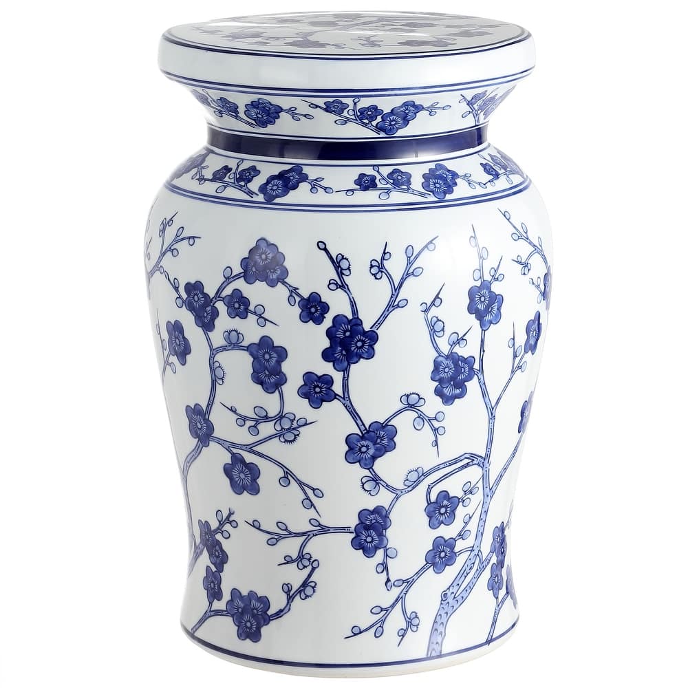 Cherry Blossom 17.7" Ceramic Garden Stool, White/Blue by JONATHAN Y