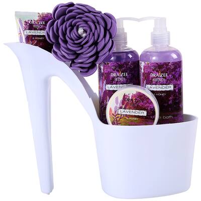 Draizee Lavender Scented Bath Essentials Gift Basket With Shower Gel, Bubble Bath, Body Butter, Body Lotion & Soft EVA Bath Puff