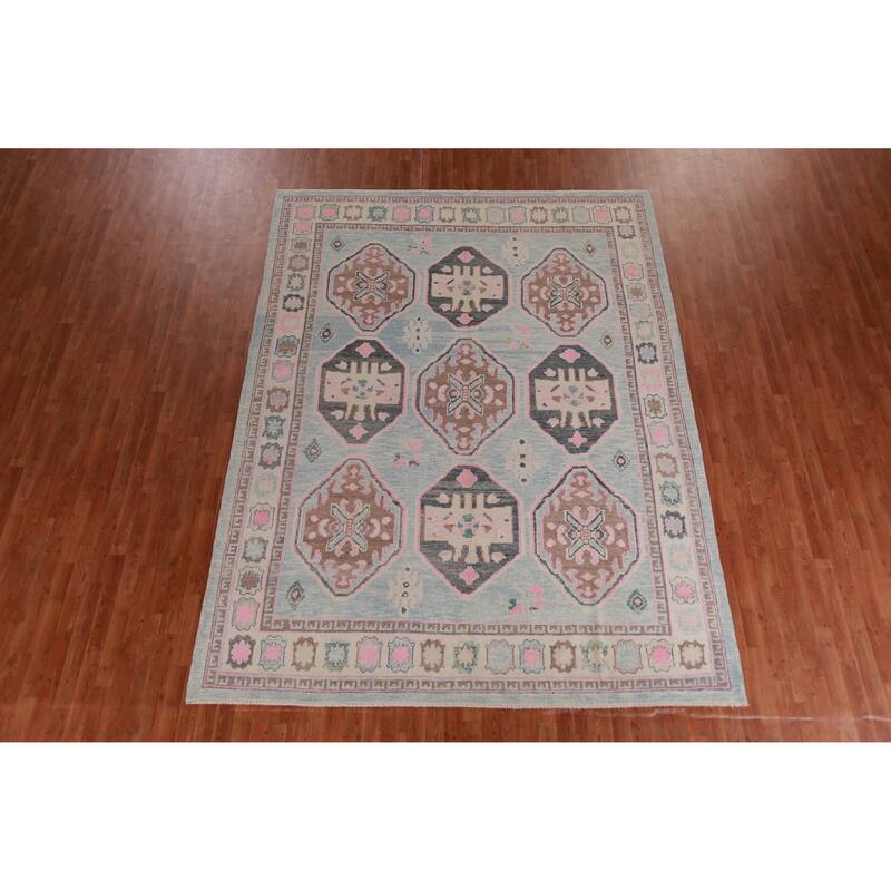Hand Knotted Oriental 100% Wool Carpet Transitional Geometric Navy Blue & Blues Oushak Area Rug - 11' 1'' X 8' 5''