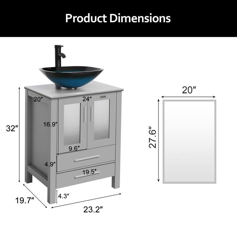 Eclife 24" Bathroom Vanity Gray Set Glass/ Ceramic Vessel Sink Cabinet Faucet Drain Combo Free Standing