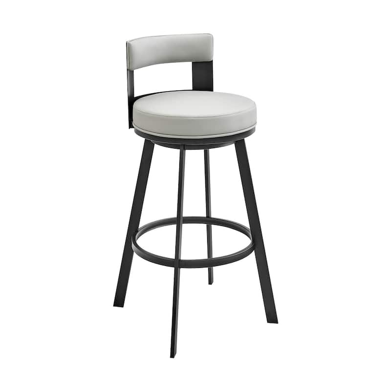 Ami 26 Inch Swivel Counter Stool Chair, Gray Faux Leather, Black Metal