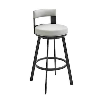 Ami 26 Inch Swivel Counter Stool Chair, Gray Faux Leather, Black Metal