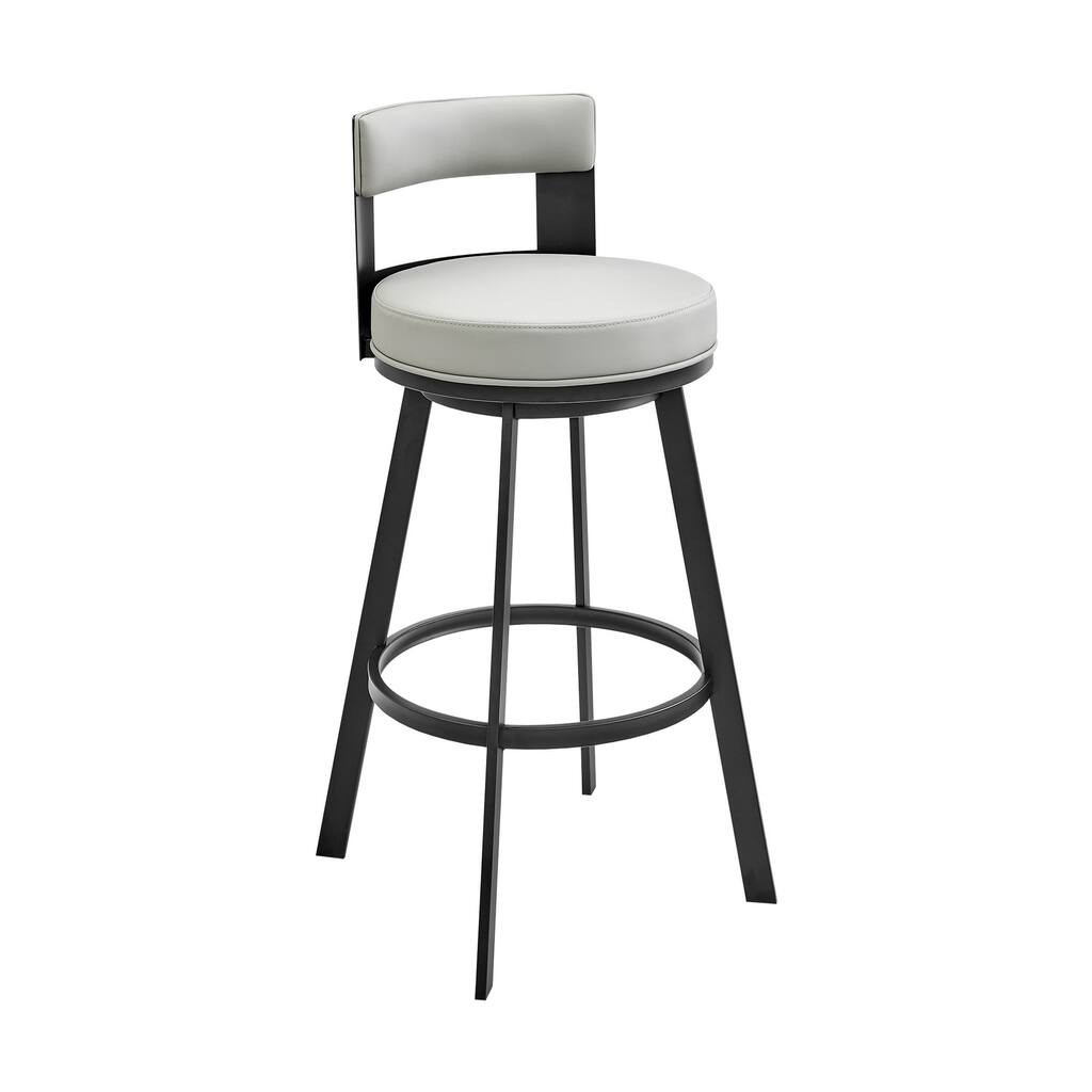 Ami 26 Inch Swivel Counter Stool Chair, Gray Faux Leather, Black Metal