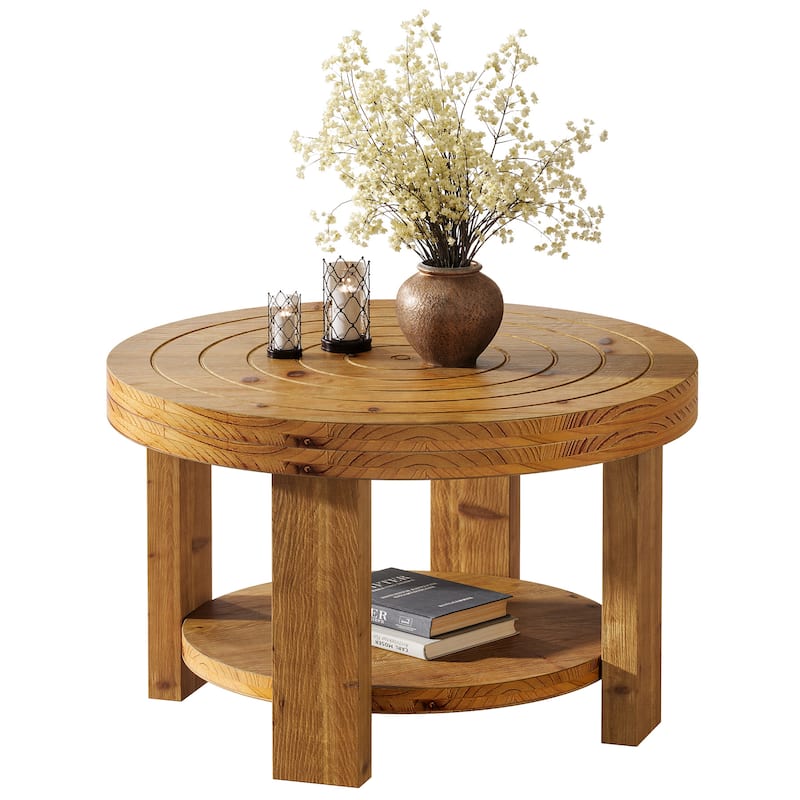 2-Tier Round Coffee Table, 31.5" Farmhouse Solid Wood Coffee Table