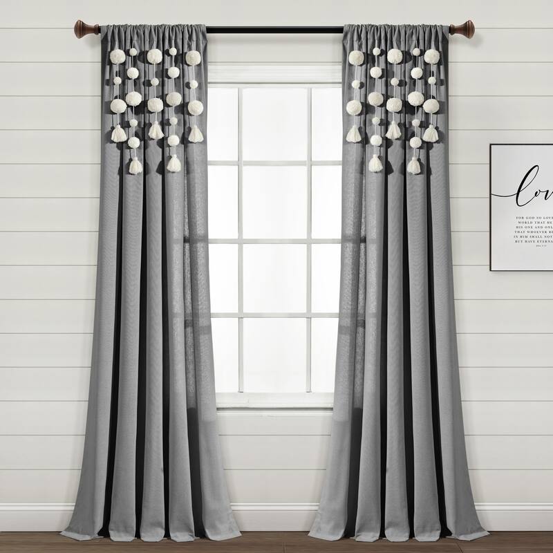 Lush Decor Boho Pom Pom Tassel Linen Window Curtain Panel (Single) - 52"W x 84"L - Dark Grey