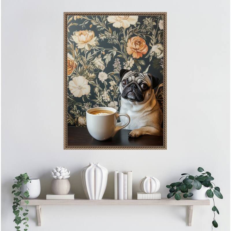 The Latte Loving Pug by Mowzu Framed Canvas Wall Art