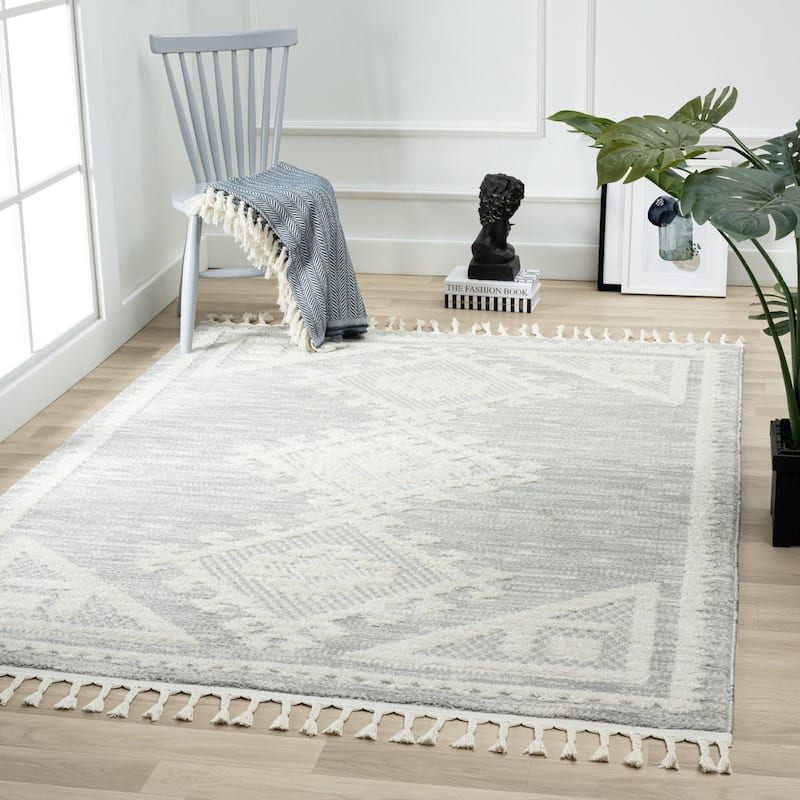 Luxe Weavers South Western Fringe Geometric Area Rug for Living Rooms - 6' x 9' - Gray