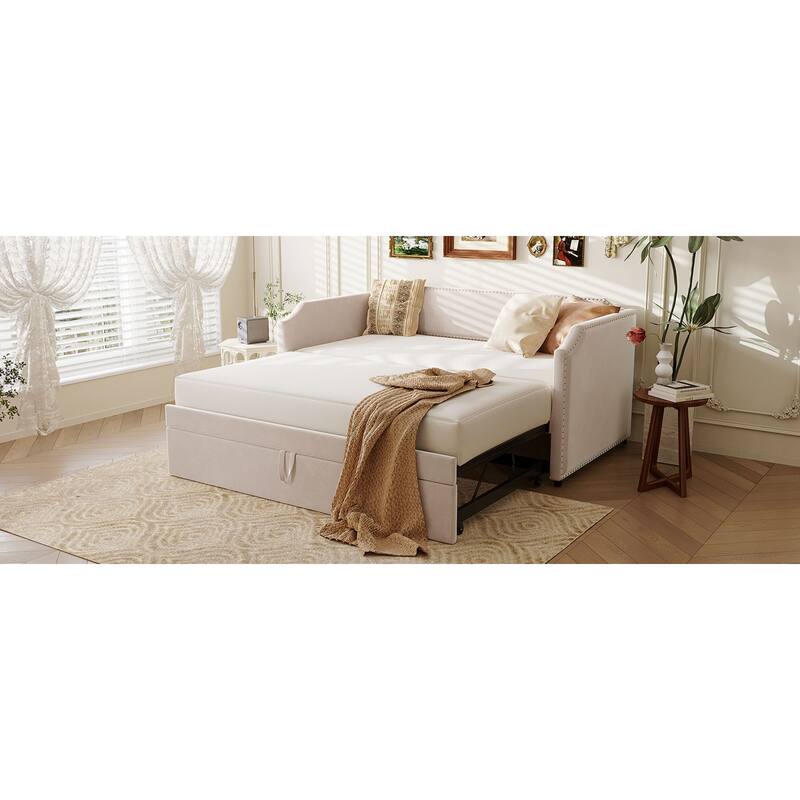 Roomfitters Twin Size Velvet Upholstered Daybed with Pop Up Trundle, Space Saving Sofa Bed Frame with Slats