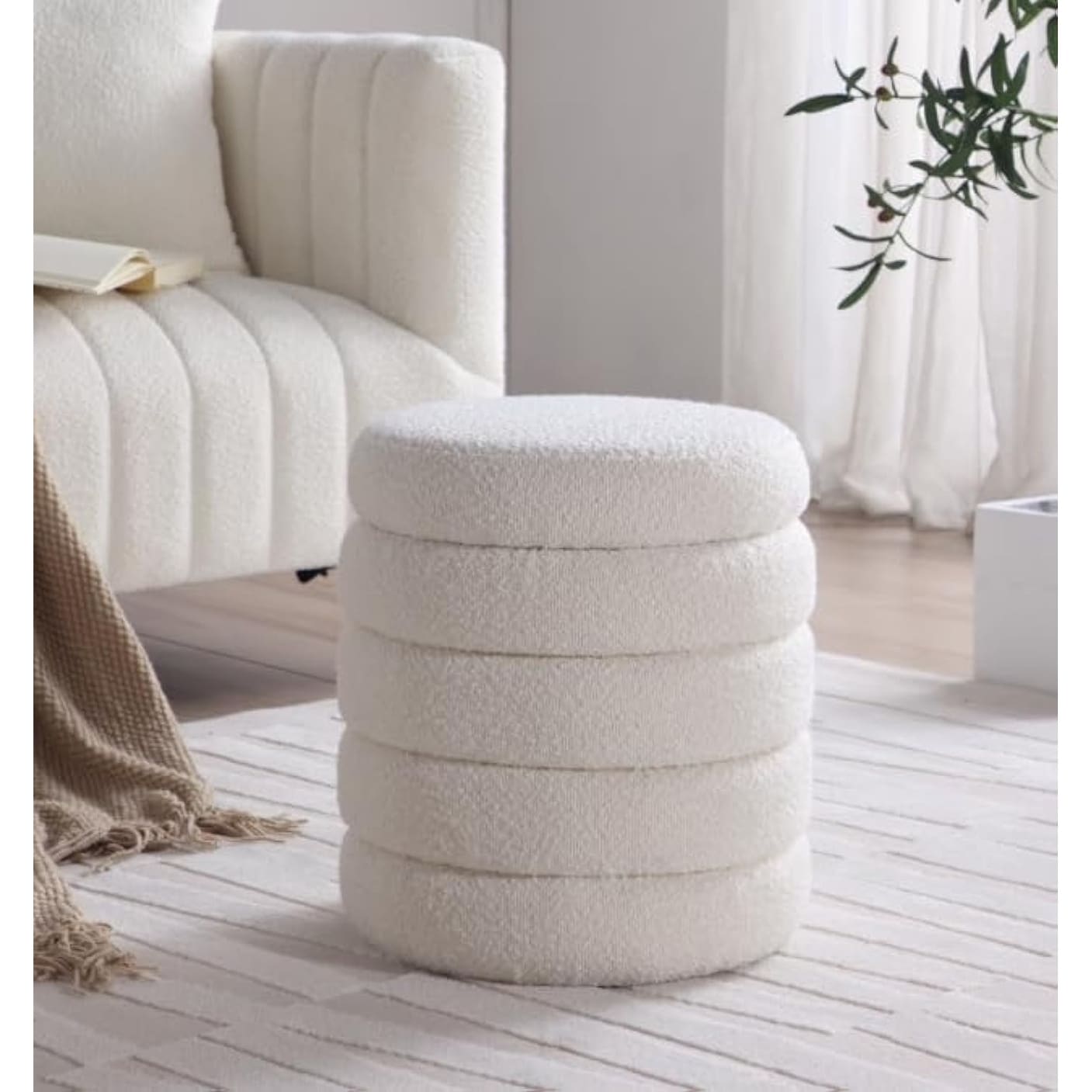 Round Ottoman with Padded Seat, Storage Footrest Stool for Living Room, Bedroom