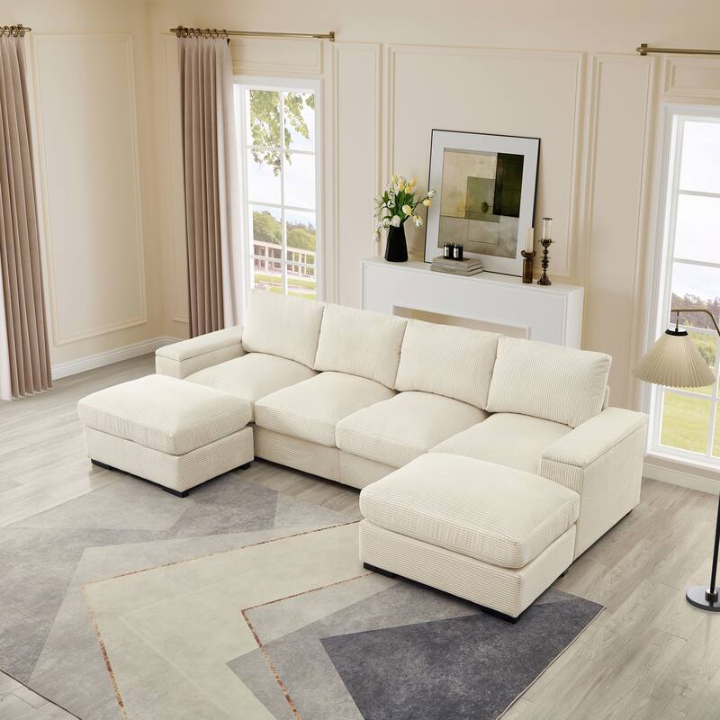 122" Corduroy U-Shaped Sleeper Sectional Sofa with Ottomans & Storage