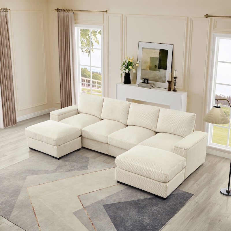U-Shaped Sectional Sofa with 2 Movable Ottomans, Comfy Corduroy Upholstered 4 Seater Sofa, Lounge Sofa with Storage Armrests