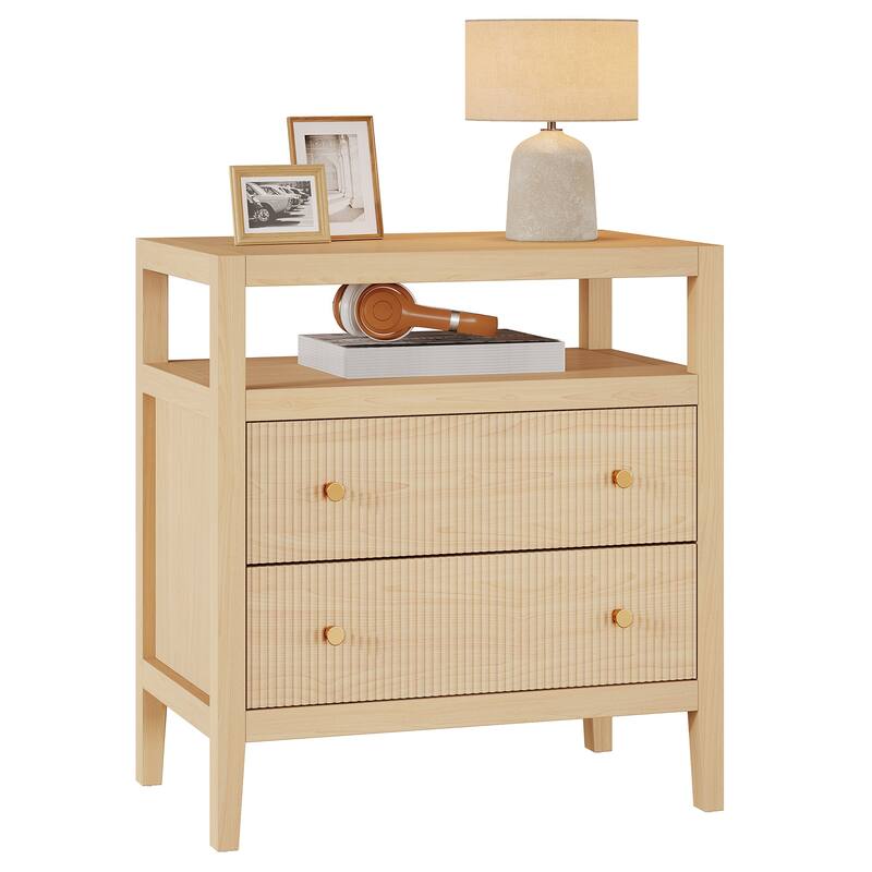 Nightstand with Drawer, Bedside Table with Open Storage Shelf, Living Room Bedroom Accent Side Table