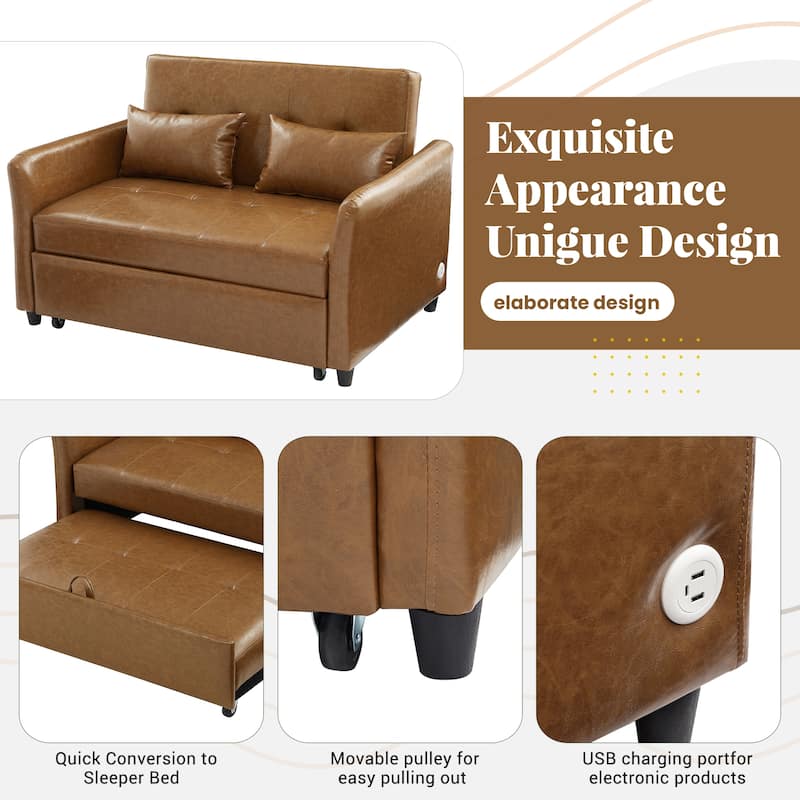 Convertible Sleeper Sofa Bed, 3-in-1 Adjustable Sofa Bed with USB Ports, Upholstered Loveseat Sofa with Armrest