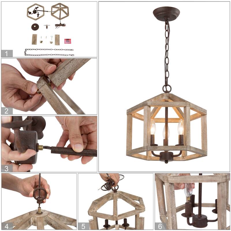 Farmhouse 3-Light Wood Chandelier Lantern Pendant Light for Kitchen Island Foyer